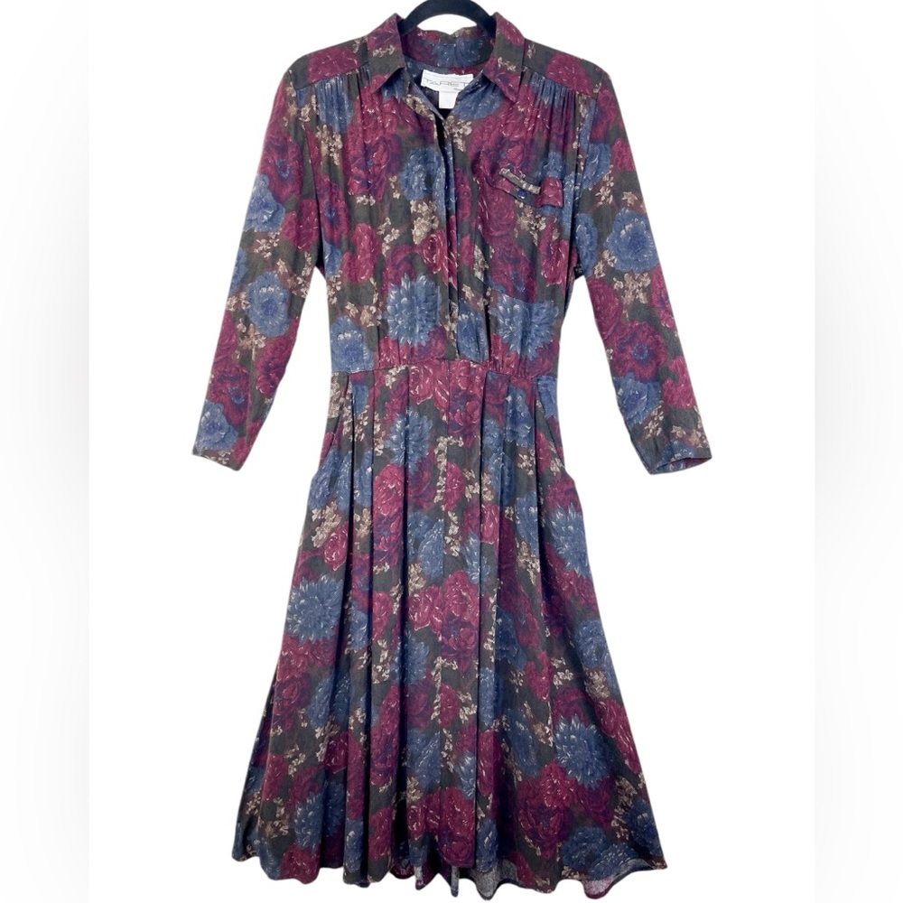Tareti by Howard Lei Vintage 80s Floral Dress Size 6 Petite, Long Sleeve Pockets